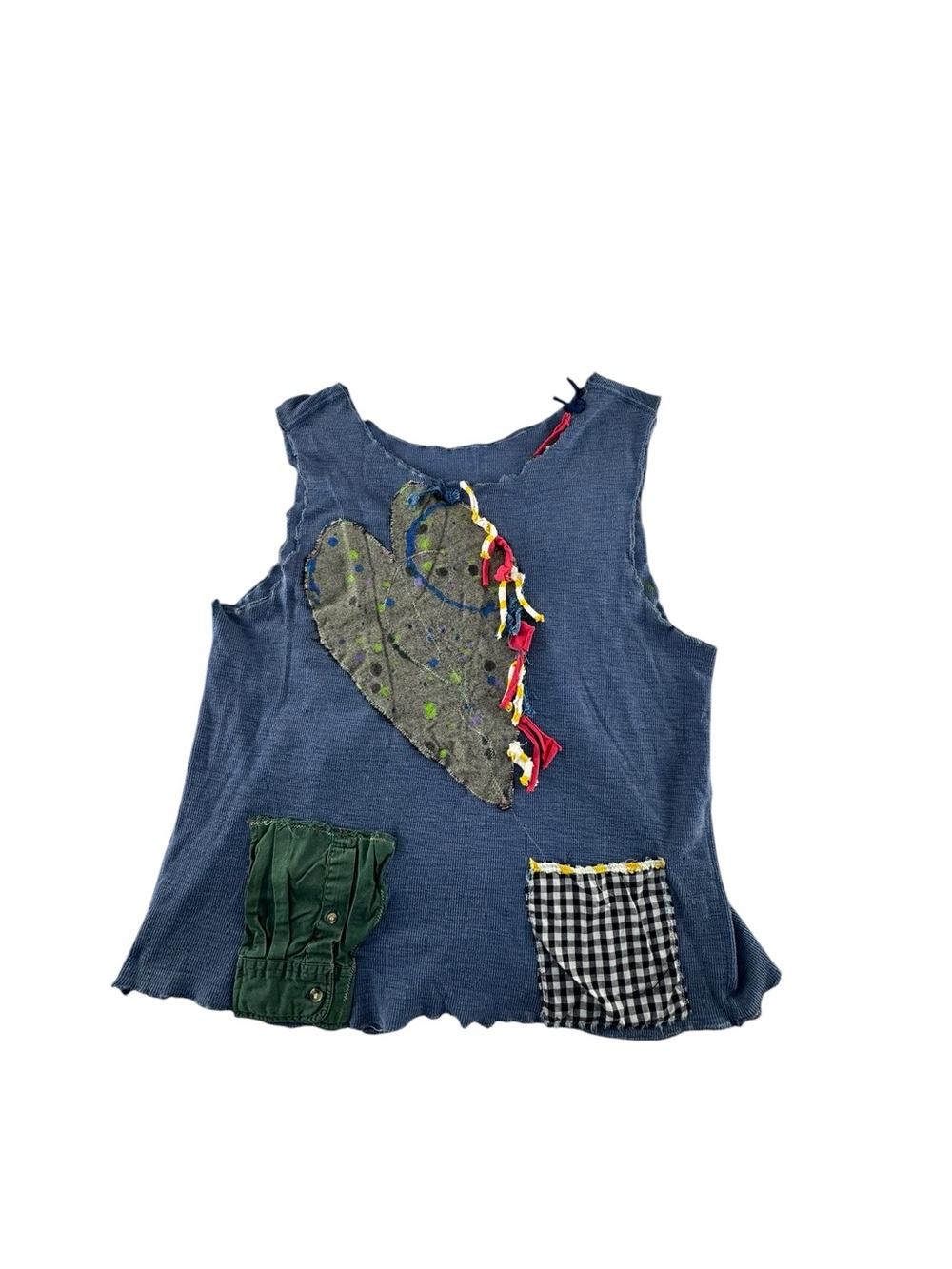 Blue Upcycled Patchwork Heart Tank Top with Mixed Fabric Pockets